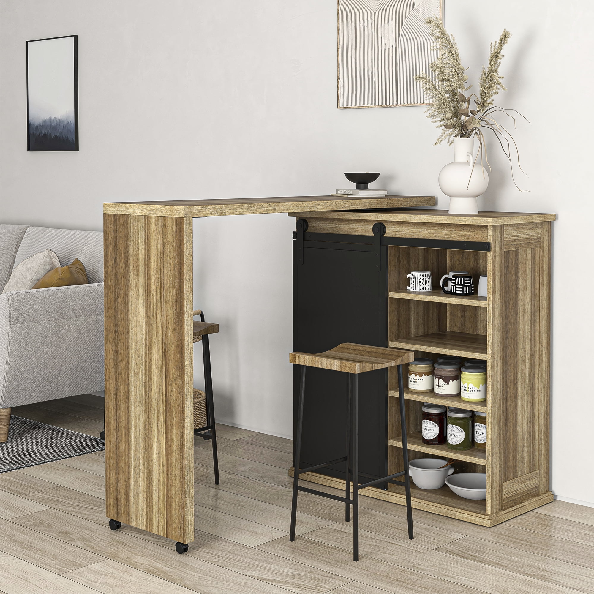 Kadyn 360° Rotatable Buffet Cabinet, Free Rotating Coffee Bar Table, Bar Cabinet Sideboard with Barn Sliding Door, Vintage Brown