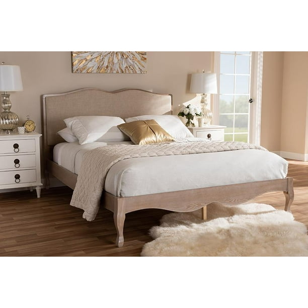 French Provincial King Platform Bed Fabric Beige 1844