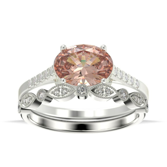 Dazzling Art Deco 2.00 Carat Oval Cut Morganite And Diamond Moissanite Unique Engagement Ring, Wedding Ring, One Matching Band in 925 Sterling Silver With 18k White Gold Plating Gift For Woman