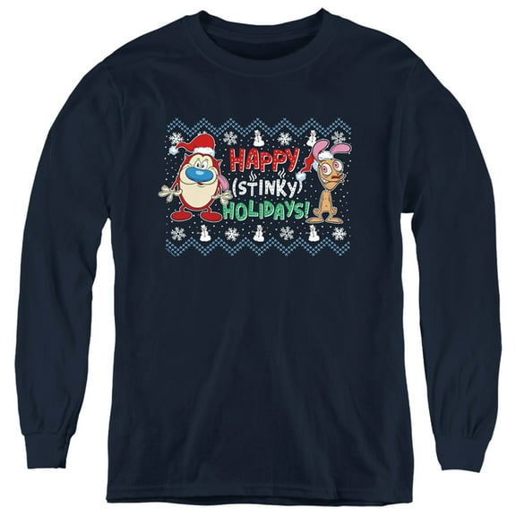 Ren & Stimpy Happy Stinky Holidays Ugly Christmas Sweater Kids Long Sleeve T-Shirt for Youth Boys and Girls