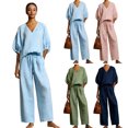 thumbnail image 2 of Quixlent Women's Casual 2 Piece Lounge Sets Puff Half Sleeve V Neck Top And Wide Leg Pants Travel Vacation Outfits with Pockets, 2 of 8