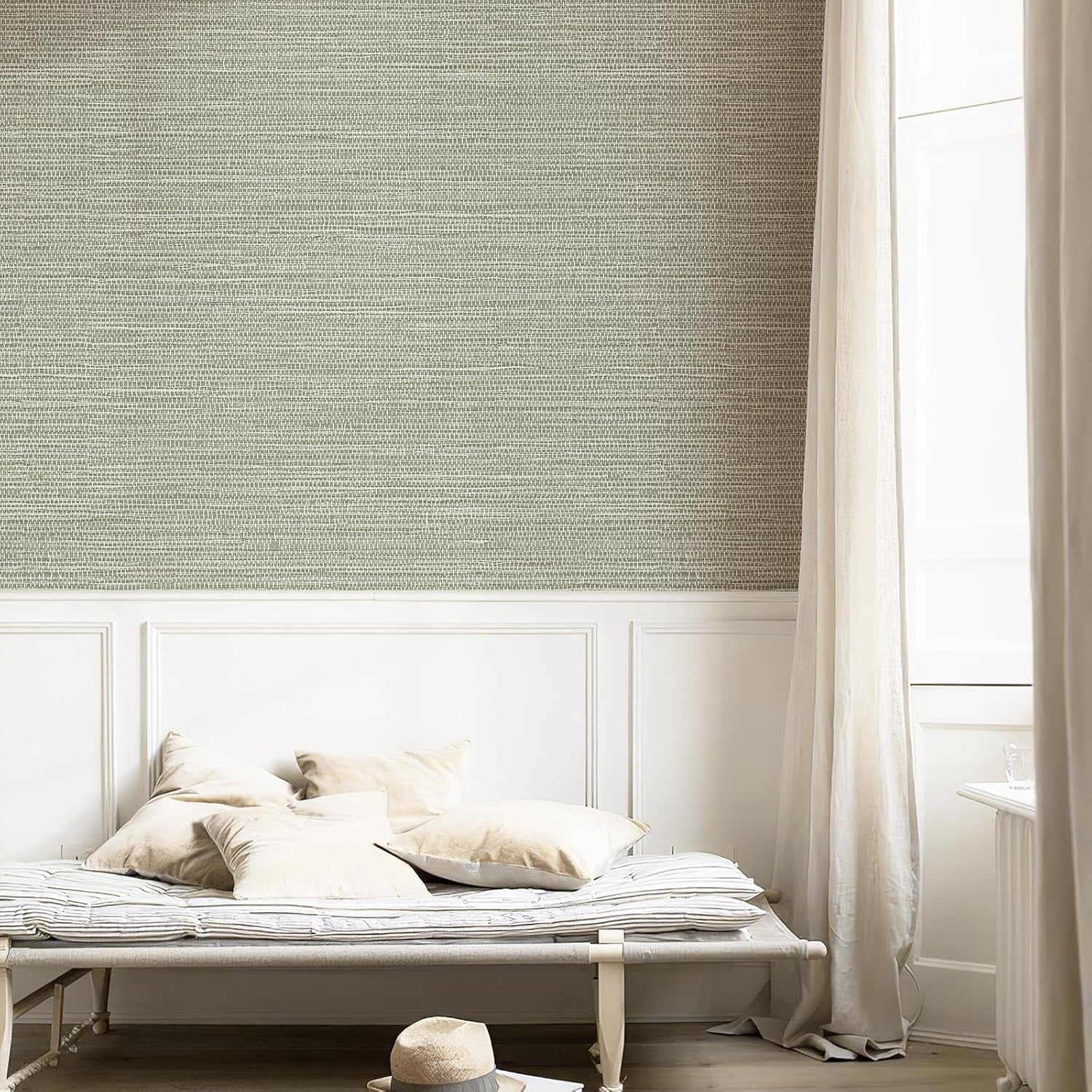 Green Textured Grasscloth Peel and Stick Wallpaper 17.7"x394" Neutral Faux Grassweave Wallpaper Waterproof Self Adhesive Removable Wallpaper Mural for Home Decor Bedroom Kitchen Cabinet