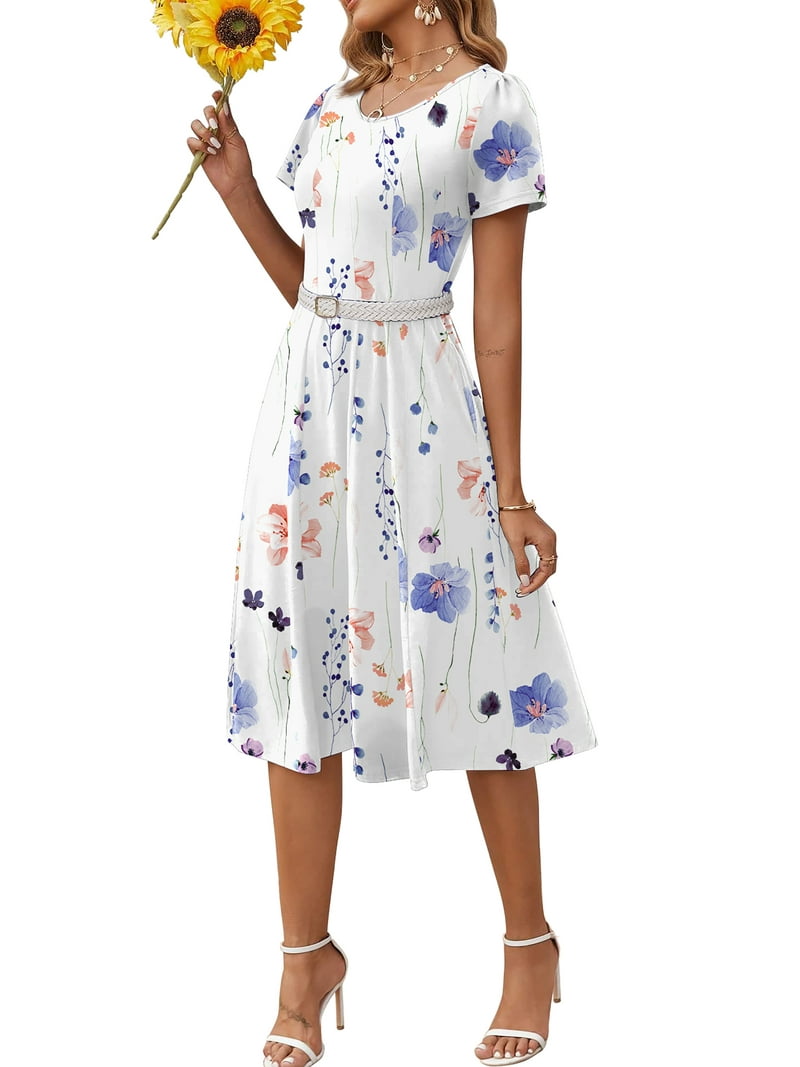 Floral Below The Knee Casual Dress Fantaslook Summer Dresses For Women,  Short Sleeve Flowy Floral