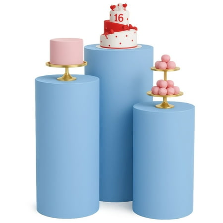 3 Pcs Light Blue Pedestal Stand Covers, Large Fabric Cylinder Table Display Set, L, XL, XXL Sizes for Wedding Party Dessert Tables, Event Stage Decoration