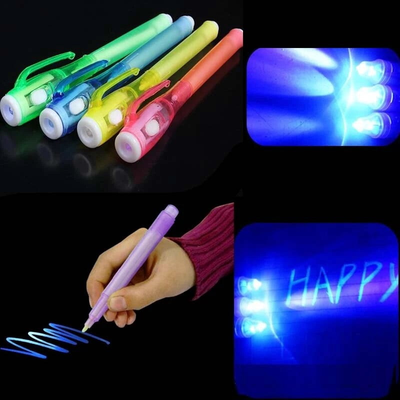 Kit De 16 Bolígrafos De Tinta Invisible Con Luz UV – Incluye 8 Libretas Y Plantillas Para Juegos De Espías