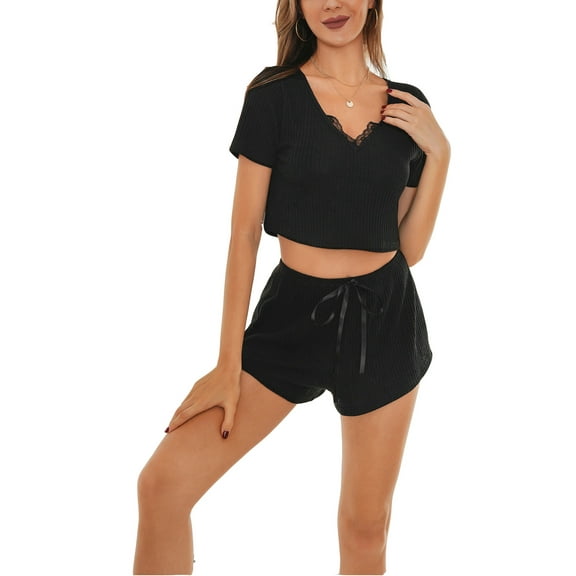 Richie House Women's Pajama Short Sleeve Sleep Crop Knitted Pj Set Top/Shorts RHW2925-A-XS
