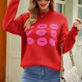 thumbnail image 2 of Suéter con estampado de labios rojos Cuello redondo Manga larga Puño elástico Hombro caído Suéter de mujer para invierno Rojo M, 2 of 6