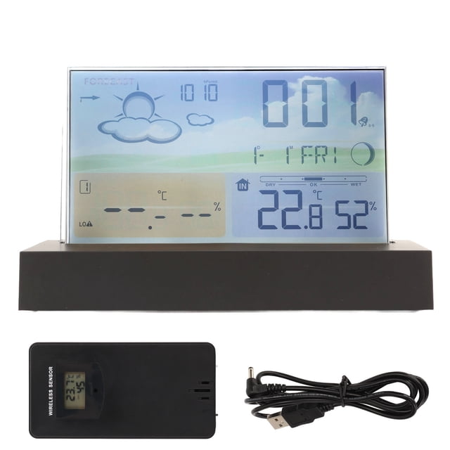 Reloj meteorológico transparente ABS inalámbrico multifuncional con alarma de temperatura y pantalla a color.