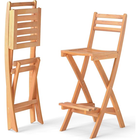 HJTER Patio Folding Barstool, Outdoor Portable High Top Acacia Wood Bar Height Chair with Backrest & Footrest,for Backyard, Garden, Front Porch (1)