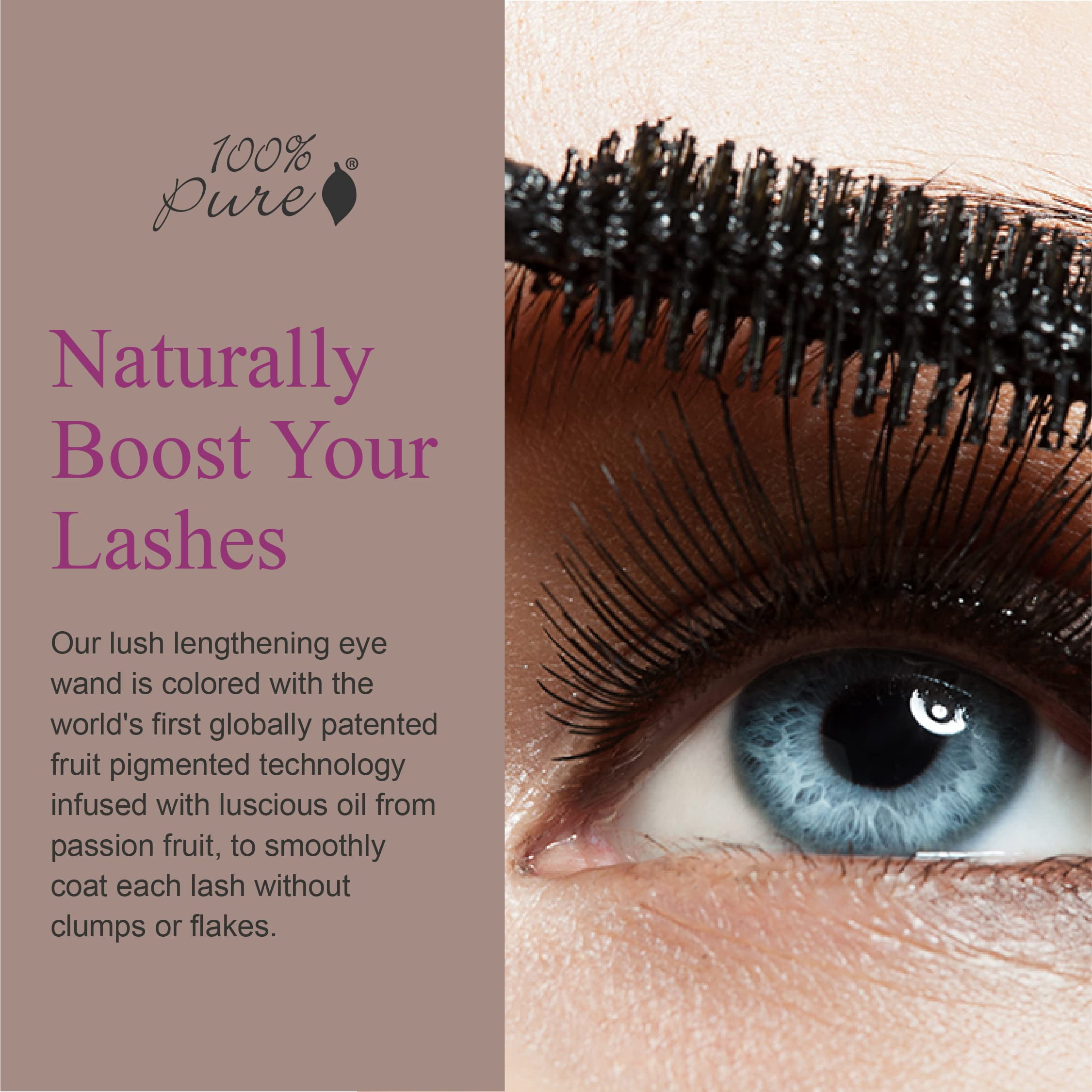 100% PURE Ultra Lengthening Mascara Dramatic Intense Volume & Length Natural Fruit Pigmented Voluminous Eyelash Makeup No Clumping, Smudging or Flaking - Vegan, Black Tea Color - 0.35 oz