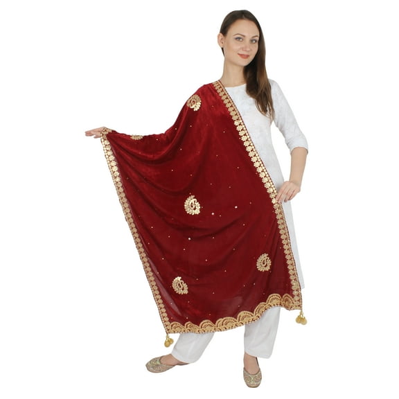 MAROON Velvet Scarf Gota Patti Four Side Work Party Wear Dupatta/Chunni Shawl