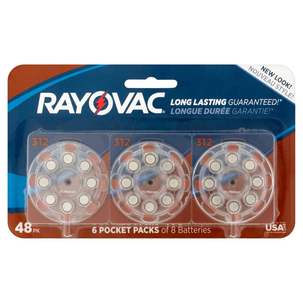 Rayovac 1.45V 312 Hearing Aid Batteries, 48 Pack