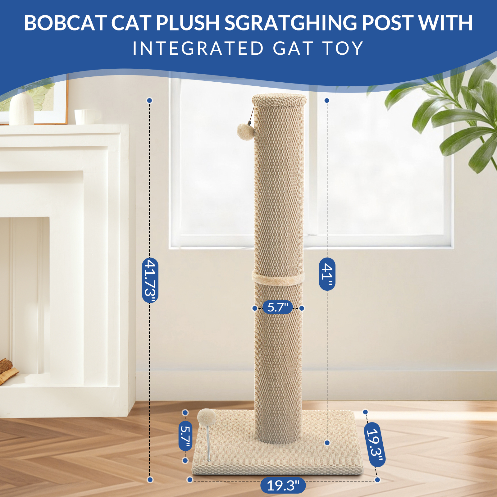 Cat Craft 41.73 ” Beige Faux Fur Large Cat Scratching Post with Replaceable Toys and Sturdy Base