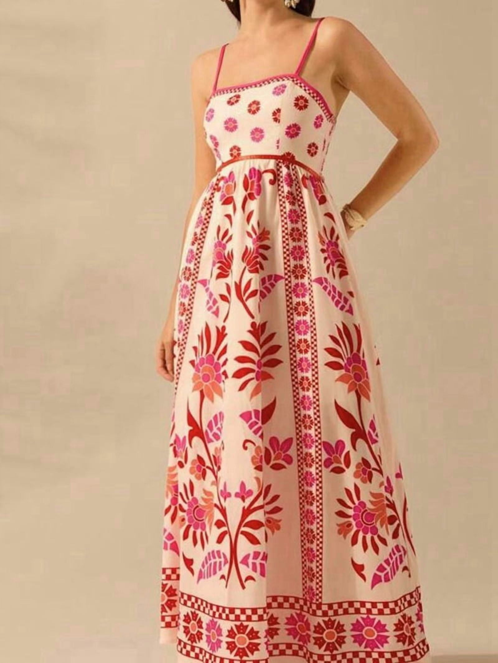 Womens 2025 Summer Floral Maxi Dress Sleeveless Spaghetti Strap Printed Smocked Boho Beach Long Dress Red M