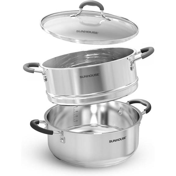 Sunhouse 4.6 Quart Multipurpose Stainless Steel Stockpot with 2-Tier Steaming Pot, Steamer Pot for cooking, Induction Compatible