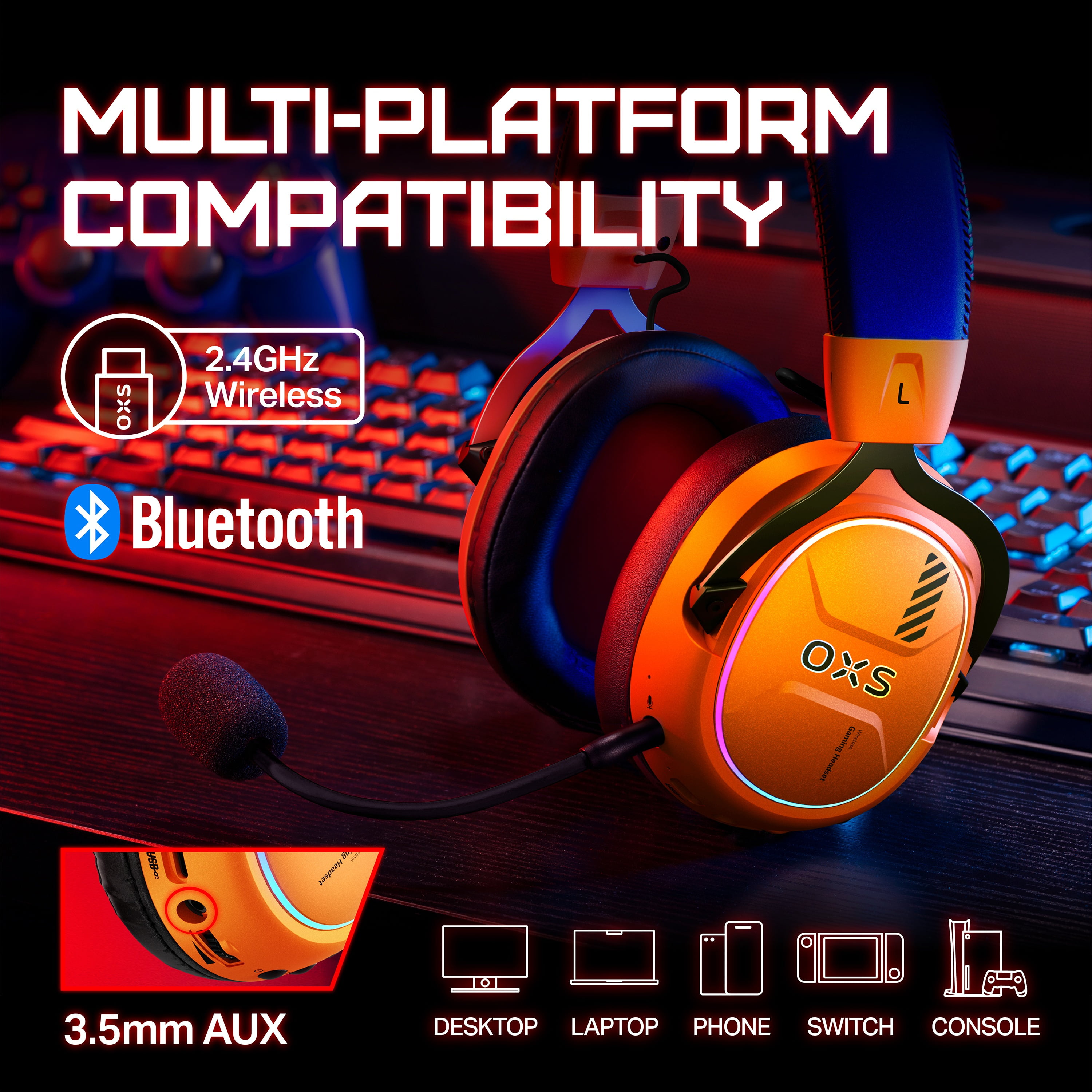 OXS Storm G2 Wireless Gaming Headsets with 7.1 Virtual Surround Sound, Orange