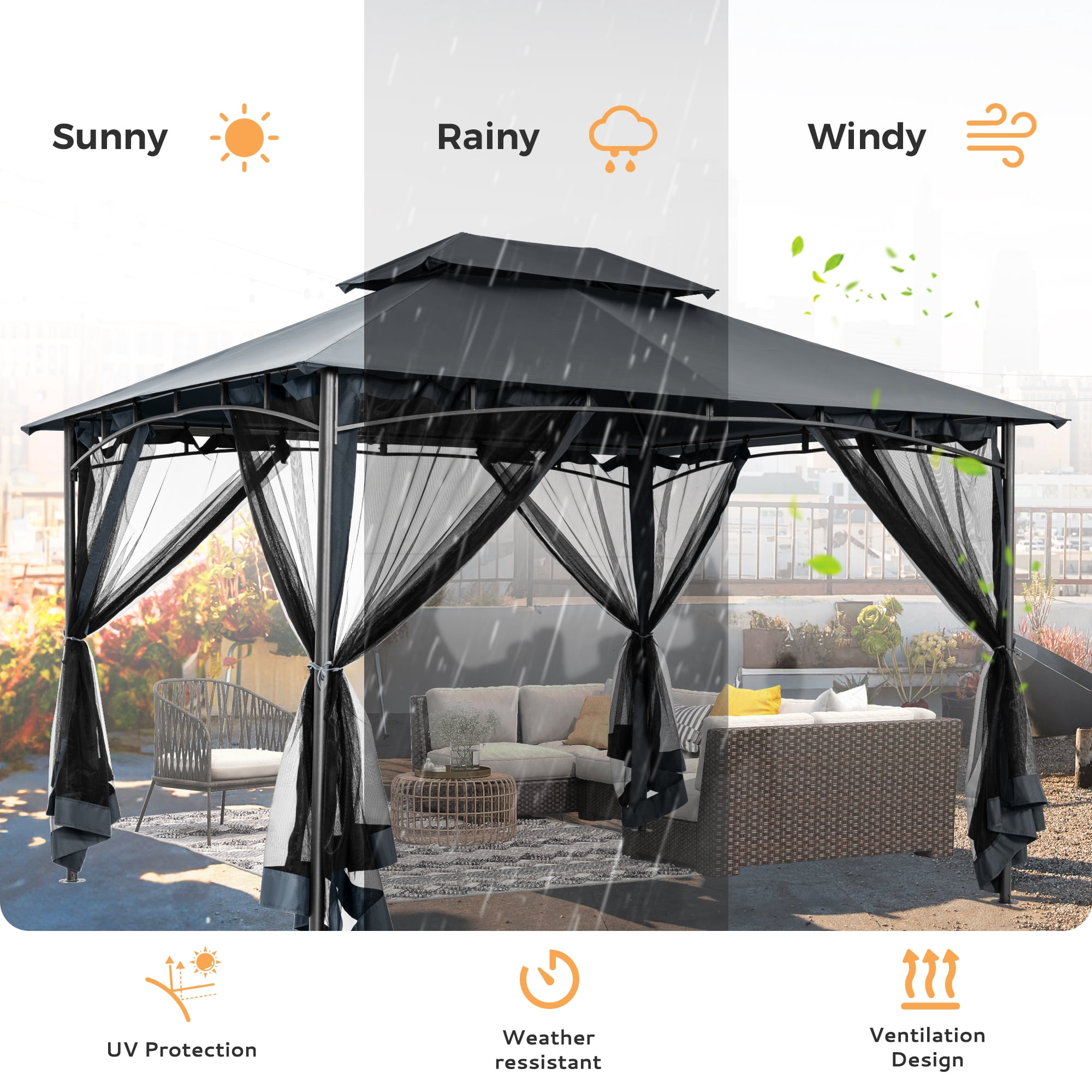 HAPPATIO Patio Gazebo 10' X 12', Ventilated Double Roof & Mosquito Netting, Outdoor Gazebo with Metal Frame, Soft Top Canopy for Backyard, Deck, Poolside