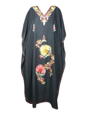 Mogul Women Maxi Caftan Dress Bohemian Summer BLACK Floral Embroidered Summer Long Dresses 3XL