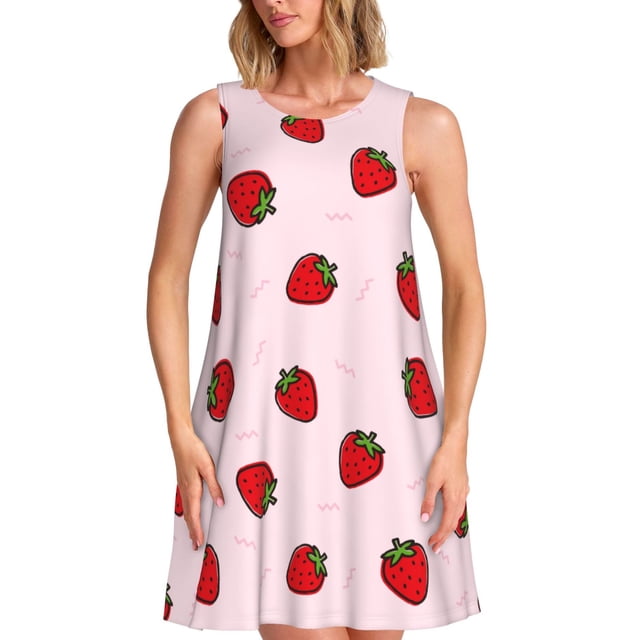 Vsdgher Robes d'Été Imprimé Fraise pour Femmes Robe de Plage Décontractée Col en U Sans Manches Robe d'Été Ample avec Poche