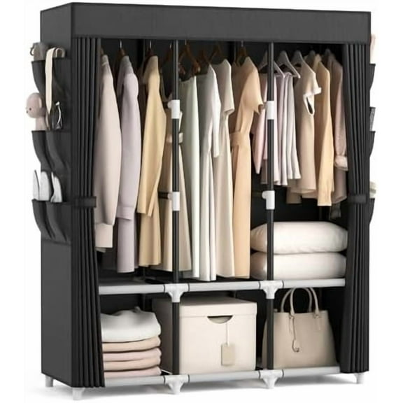 Portable Closet for Hanging Clothes 52 Inch Wide Portable Wardrobe Closet with Cover, 6 Storage Shelves and 3 Hanging Rod, Diameter 19mm Metal Pipe, Sturdy Closet for Bedroom, Black