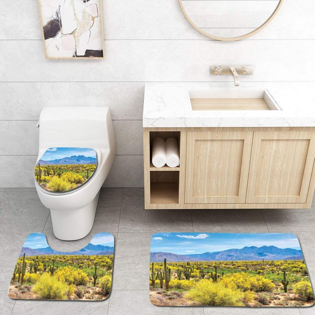 ABPHQTO Cactus Foto Paisaje Desierto Campo Cactus Piedras Picos Hojas Juego de alfombras de baño de 3 piezas Alfombra de baño Alfombra de contorno y tapa de inodoro ABPHQTO Cont-CHAPPLE-29110
