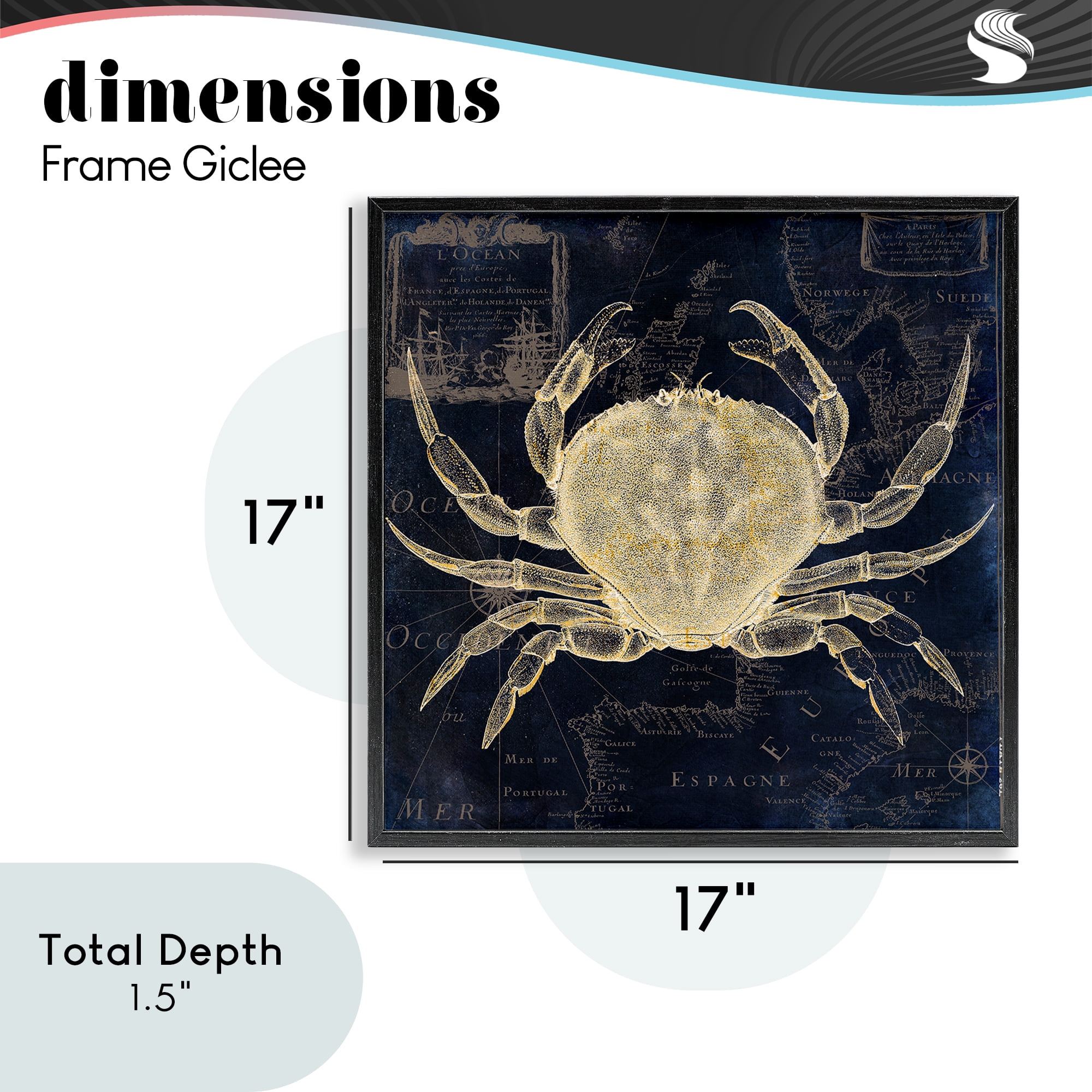 Crab Contour over Map Black Framed Giclee Art, design by Sasha