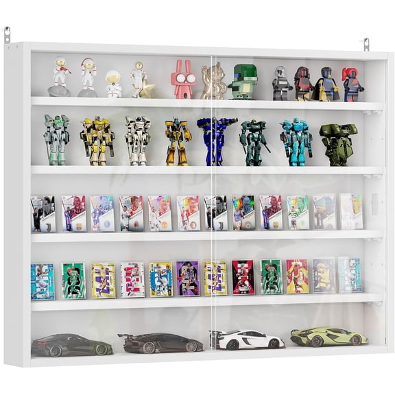 ZBAKF 5-Tier Wall Mounted Display Cabinet Glass Doors White | 23.6" x31.5", Display Case, 4 Adjustable Shelves, for Home Office Ornaments