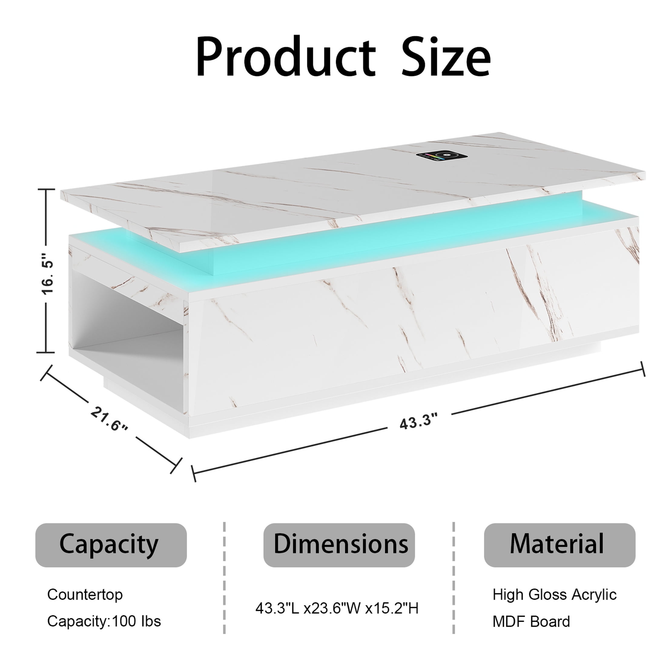 Yeahumalia Modern LED Coffee Table with Bluetooth Speaker, Wireless Charging, and Storage Organizer, White