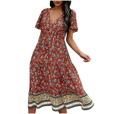 

Long Sleeve Dress for Women Womens Dresses Fashion Women s V-neck Leisure Printed Belt Long-style Short Sleeve Loose Fit Dress Summer Dresses Womens Dress Pants Summer Savings Red 2XL