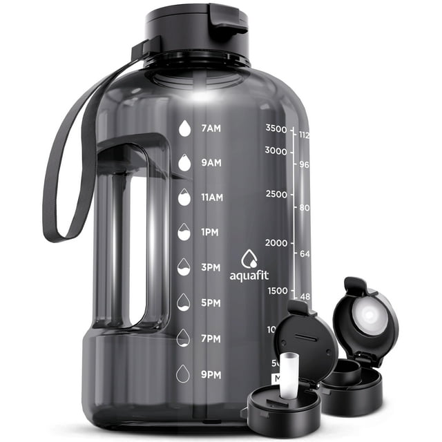 Botella de agua AQUAFIT de 1 galón con marcador de tiempo sin BPA, gris