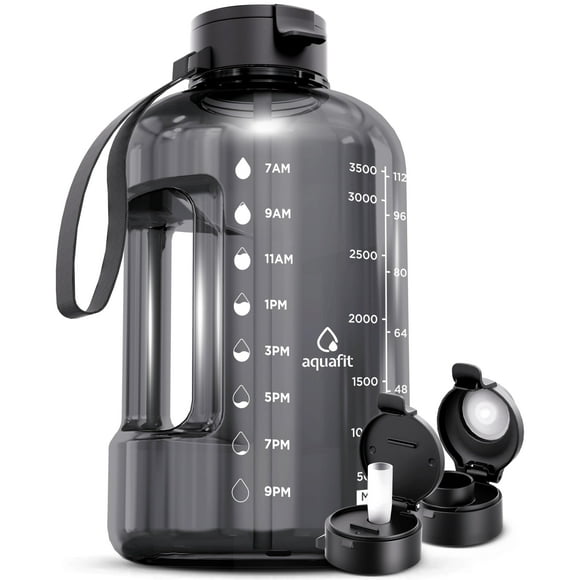 Botella de agua AQUAFIT de 1 galón con marcador de tiempo sin BPA, gris