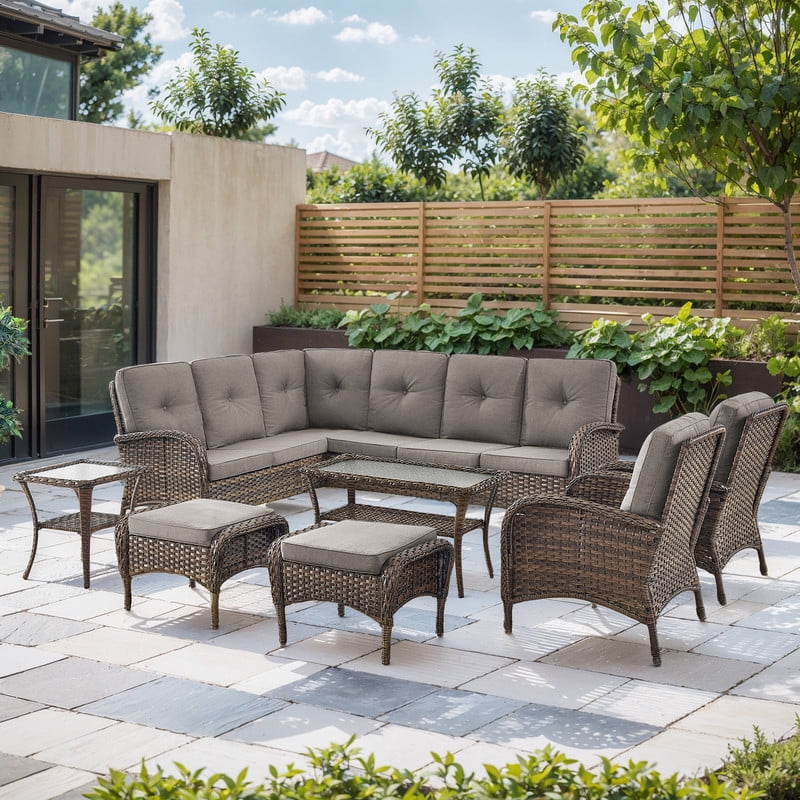 PARKWELL 8-Piece Outdoor Sectional Furniture Set,Patio Wicker L Shaped Couch High Back Conversation Set with Coffee Table Armchair for Garden Yard,Brown Wicker Gray Cushion