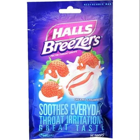 Halls Breezers Drops Cool Creamy Strawberry 25 Each (Pack of 6