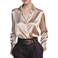 thumbnail image 2 of VJGBEGW Women's Satin Button Down Shirts V-Neck Long Sleeve Tops Striped Business Office Silky Blouses Fashion Spring Shirts Khaki XL, 2 of 6