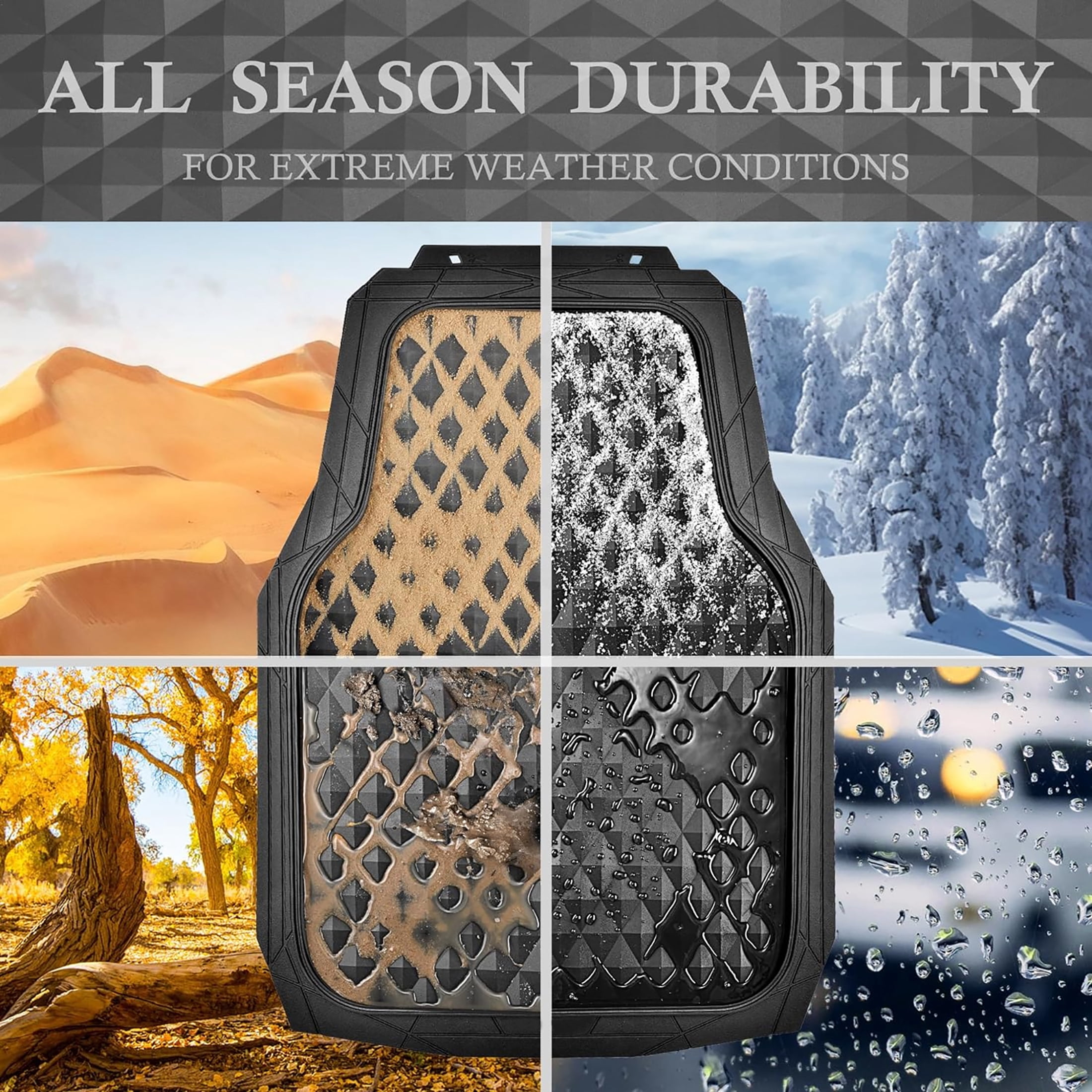 Ozark Trail 3-Piece Black Deep Dish Rubber Car Floor Mats, Anti-Slip 3D Rhombus Waterproof, All Weather Universal Trim-to Fit for Car, SUV and Truck Mats