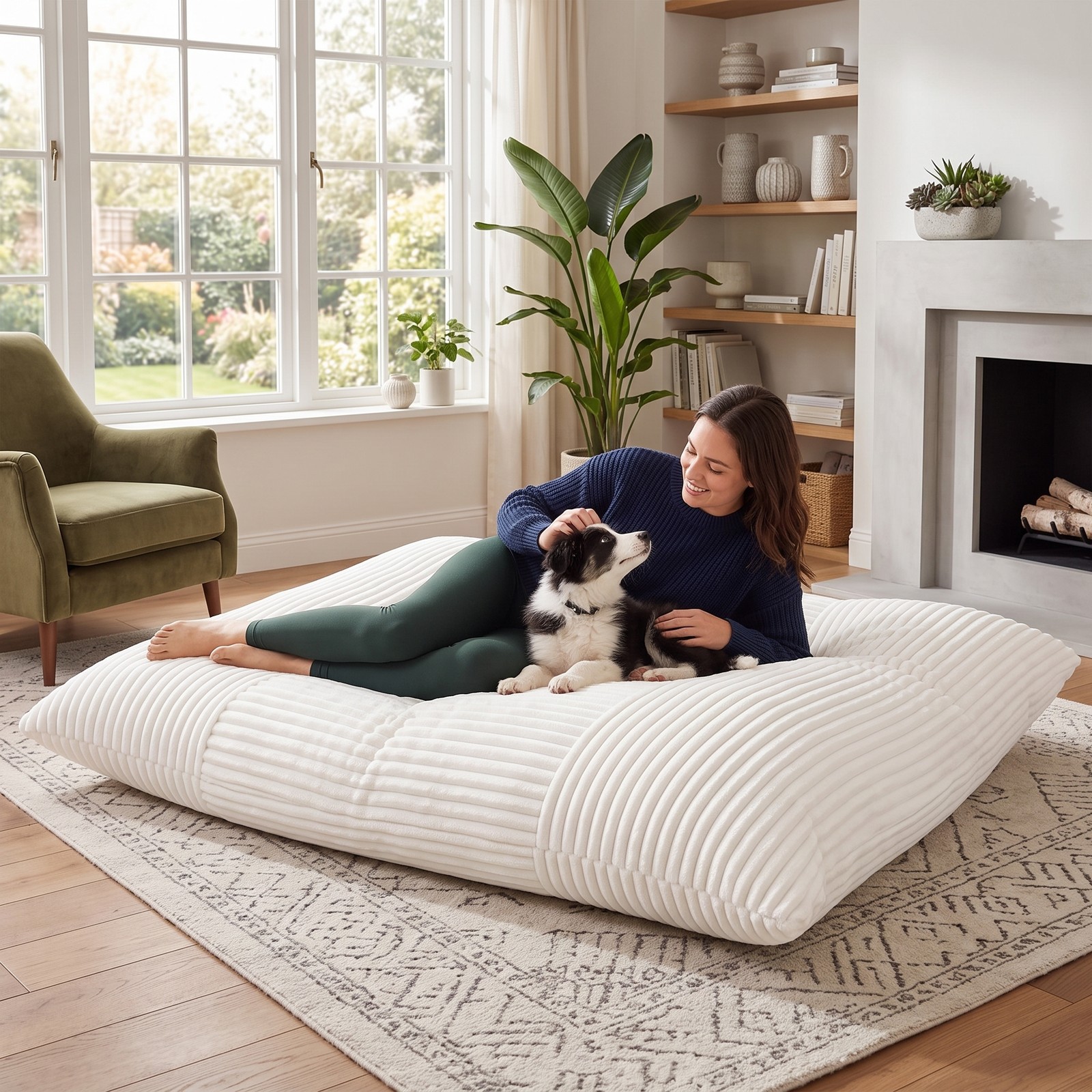 Furnibear Convertible Bean Bag Floor Sofa with Machine-Washable Corduroy Cover, Shredded Foam Lounger Bean Bag Bed for Dorm Living Room Reading Gaming, Beige