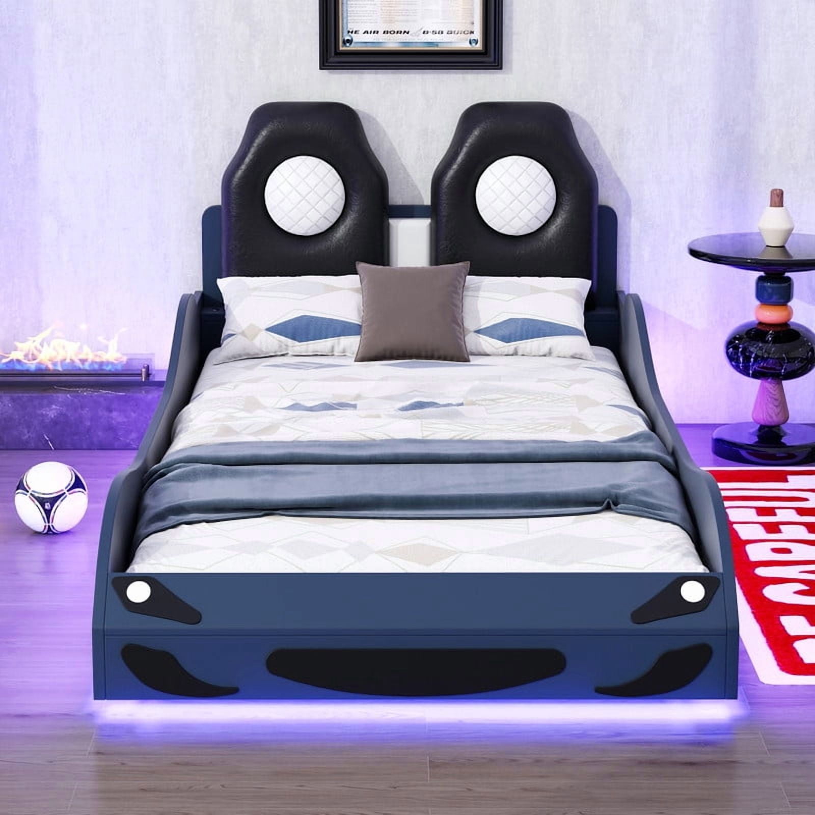 Bellemave Race Car Bed with LED Lights, Twin Size Bed Frame for Boys Kids Toddler Bed, Wooden Platform Racing Car Bed with Upholstered Backrest Headboard, No Box Spring Needed（Blue)