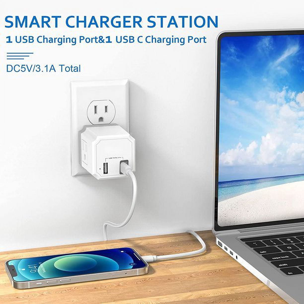 SZDUDU Multiple Plug Outlet Extender with 4 Plug Extender and 2 USB Wall Charger, USB Fast Charger Outlet for Cruise Ship, Travel, Home, Office