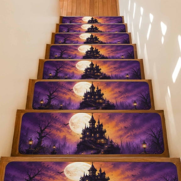 Halloween Non-Slip Stair Treads for Wooden Steps, 4 Pack 8x30 Inches Carpet Stair Mats with Adhesive Backing, Noise-Reducing Step Covers for Indoor Stairs, Easy to Install & Residue-Free