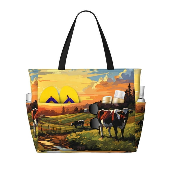 Fotbe Oil Painting Style Pasture Cow Bolsa de Viaje para Playa - Resistente al Agua, Bolsa Tote de Gran Capacidad y Ligera con 7 Bolsillos para Mujeres y Hombres