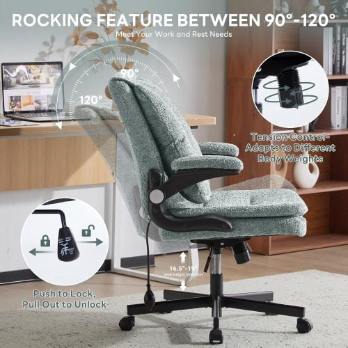 Criss Cross Legged Office Chair with Flip-Up Back, Built-In Dynamic Airbag Lumbar Support, Wide Seat Desk Chair with Flip-Up Arms, Modern Cross-Leg Chair for Home Office, Vanity, Light Green