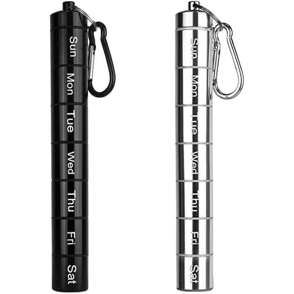 shiyou-7 Days Rainbow Colour Aluminum Pill Bottle with Carabiner Stackable Metal Pill ContainerWaterproof Travel Cute Pill Box Holder (1 Silver Pill Bottle and 1 Black Pill Bottle)