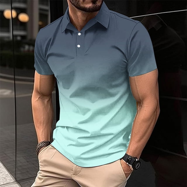 EOYWHK Button Up Shirts Men Business Casual Golf Shirts Gradient Color Muscle Shirts Short Sleeve Collar Work Blouse
