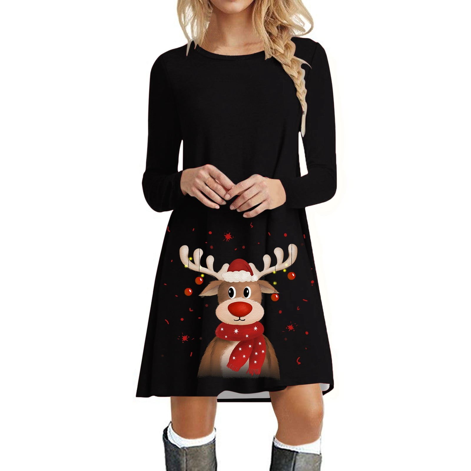 Robe De Noël Pour Femme – Imprimé Tête De Cerf – Manches Longues – Style Décontracté élégant