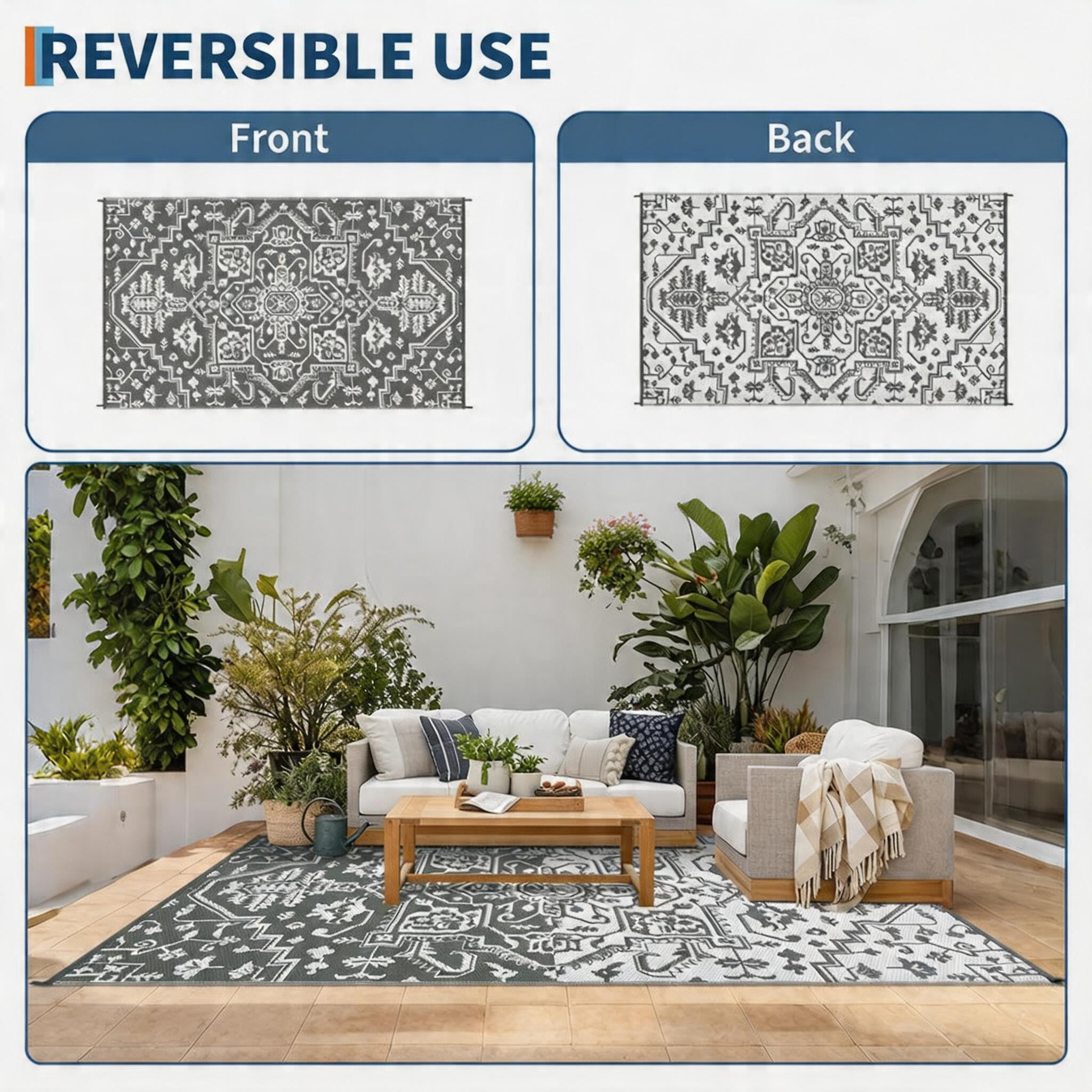Nanan 9x18 Outdoor Patio Rug, Portable Waterproof Plastic PP Tube Rug, Modern Scalloped Edge Mat for Deck, Yard, Camping, Balcony & Poolside, Gray White