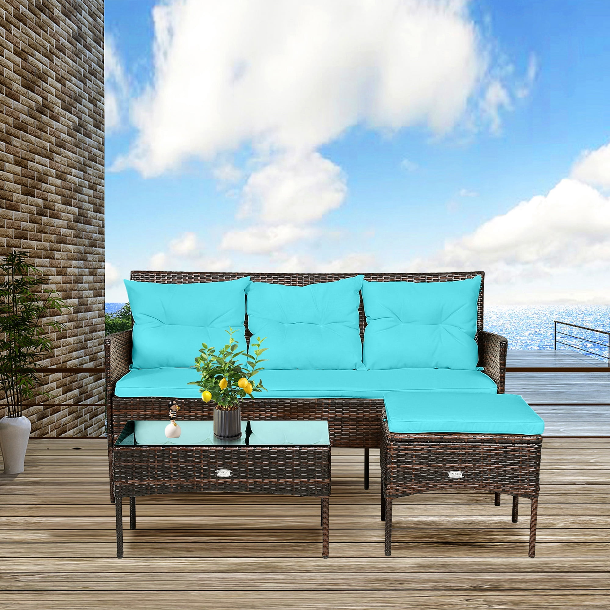 Gymax 3PCS Patio Rattan Sectional Conversation Furniture Set w/ Turqouise Cushions