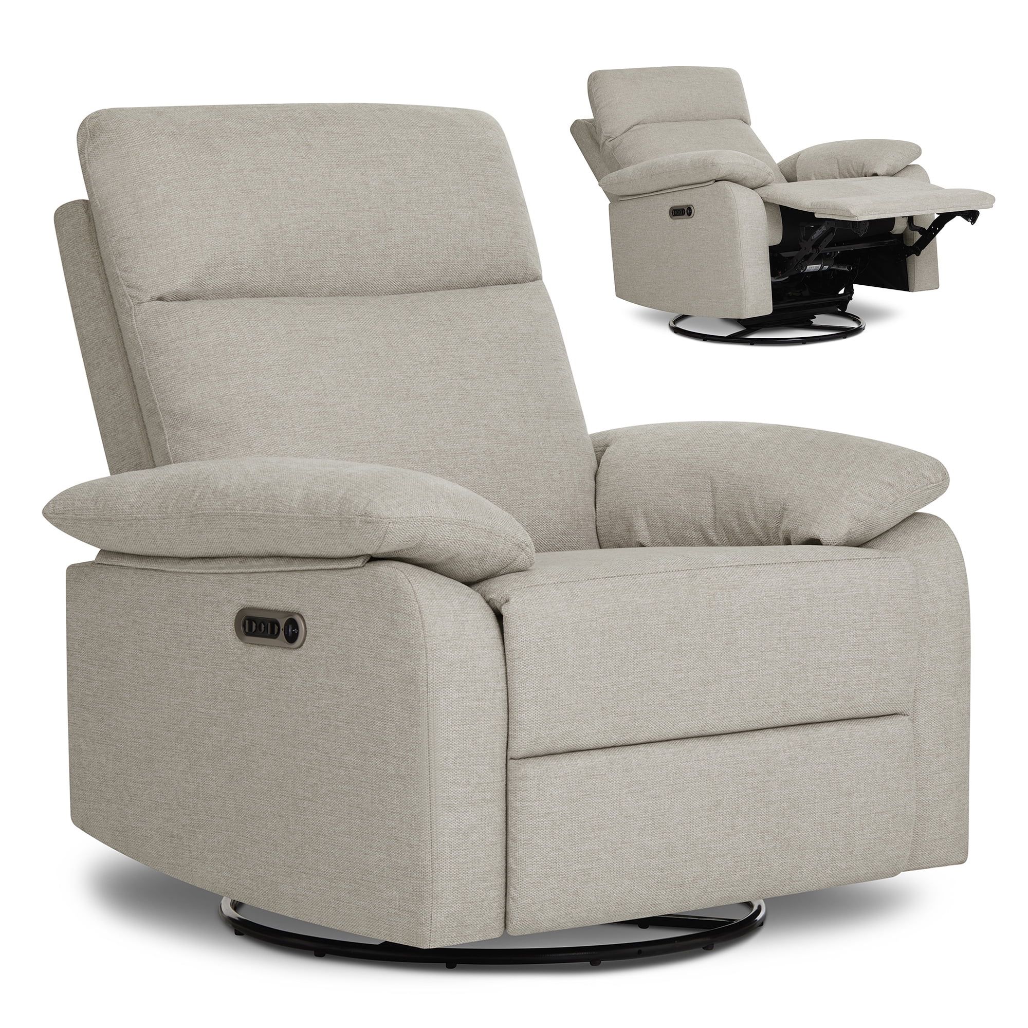 Evolur Asher Deluxe Power Recline Glider, Extra-Wide Nursery Recliner Chair with Adjustable Power Headrest, 275° Swivel, USB-A & USB-C Charging Ports, Ergonomic Lumbar Support, FSC Certified, Beige