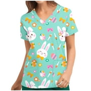 SuoKom Nursing Scrub Tops for Women Easter Egg Bunny Print Working Uniform Short Sleeve V Neck Workwear Blouse T-shirt with Pockets