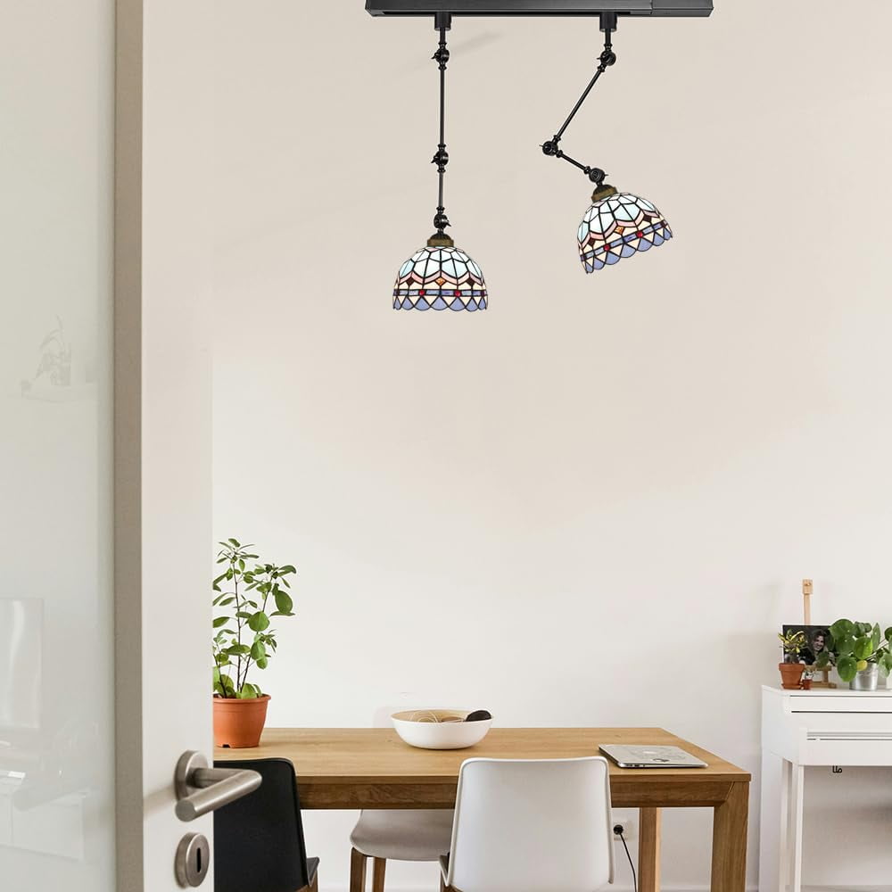 KAYYELAMP 3Pcs J-Type Track Head Lighting Adjust Angle Tiffany Ceiling Lamp Art Handmade Blue Glass Shade Black Metal Antique Track Light for Gallery Store(No Bulb, Track)