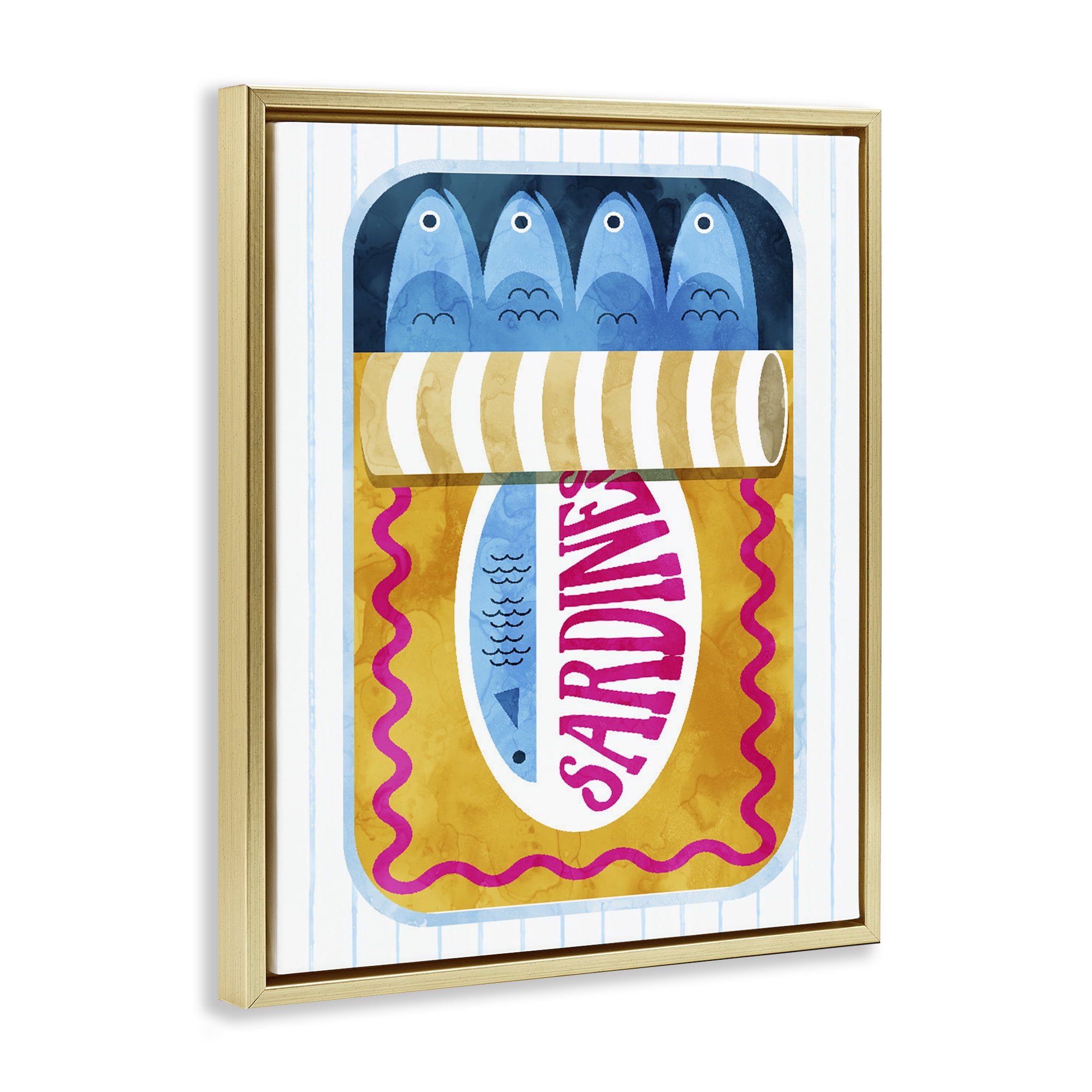 Yellow Sardine Tin over Stripes Gold Framed Floater Canvas Wall Art, design by Daphne Polselli